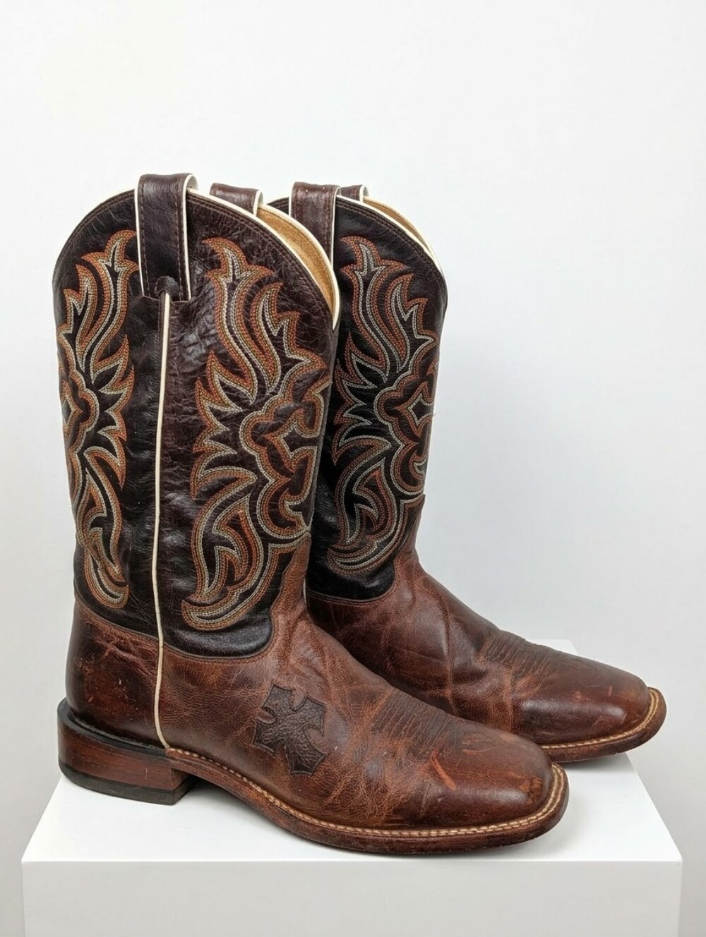 Vintage Tony Lama Women's 9.5B Western Cowboy Boots Cross Overlay USA Made